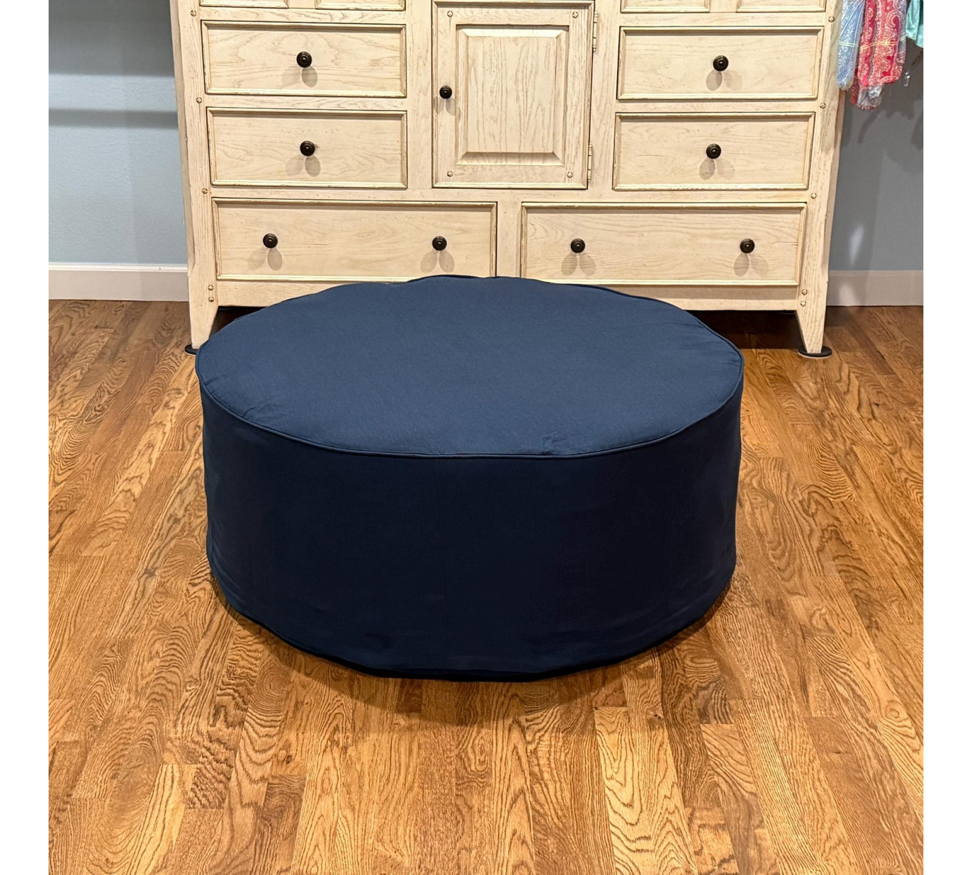 Round Ottoman Cover in Heavyweight Linen with Piping
