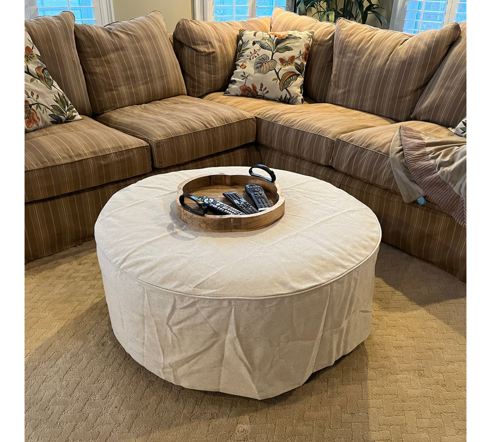 Round Ottoman Cover in Heavyweight Linen with Piping