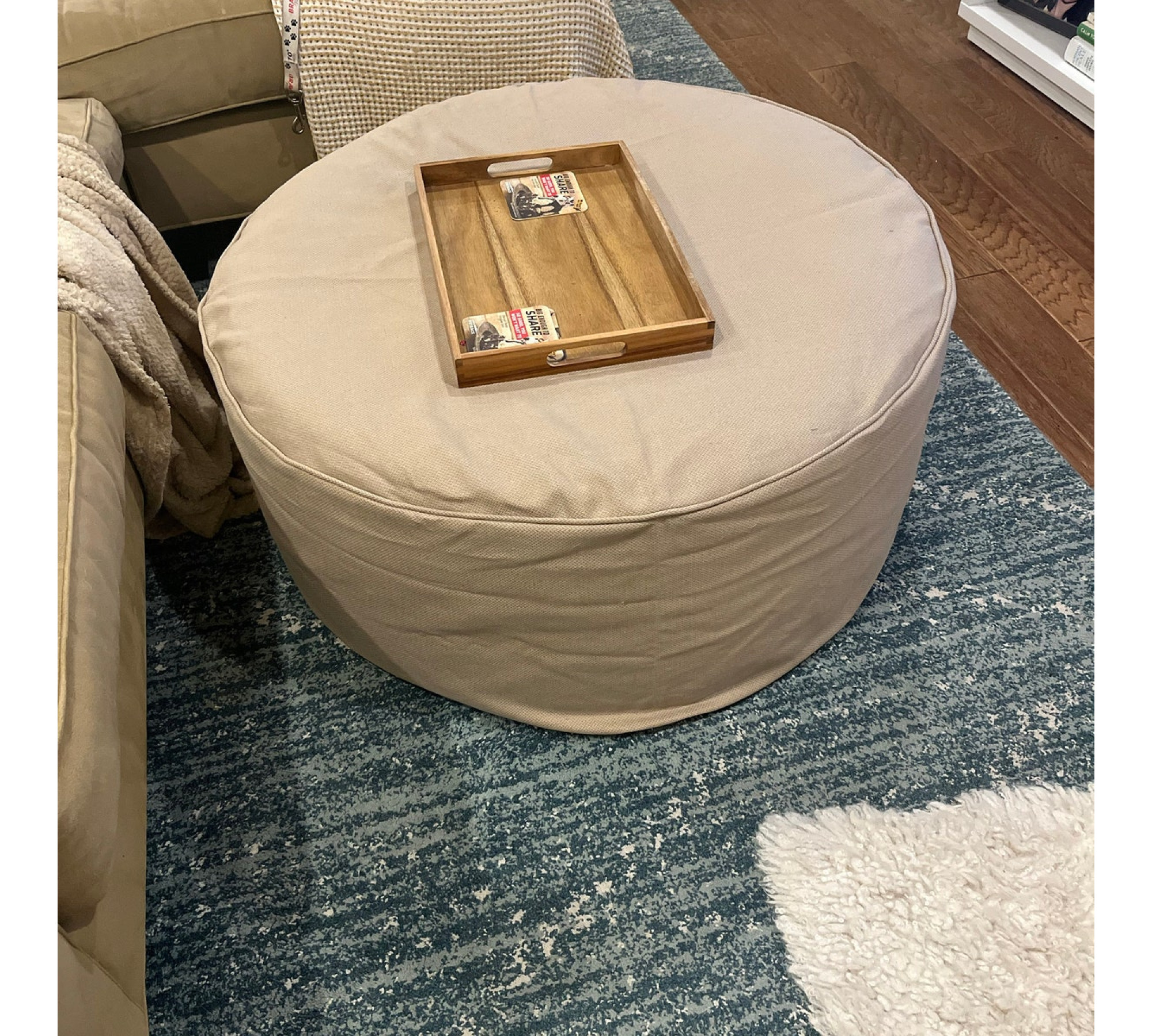Round Ottoman Cover in Heavyweight Linen with Piping