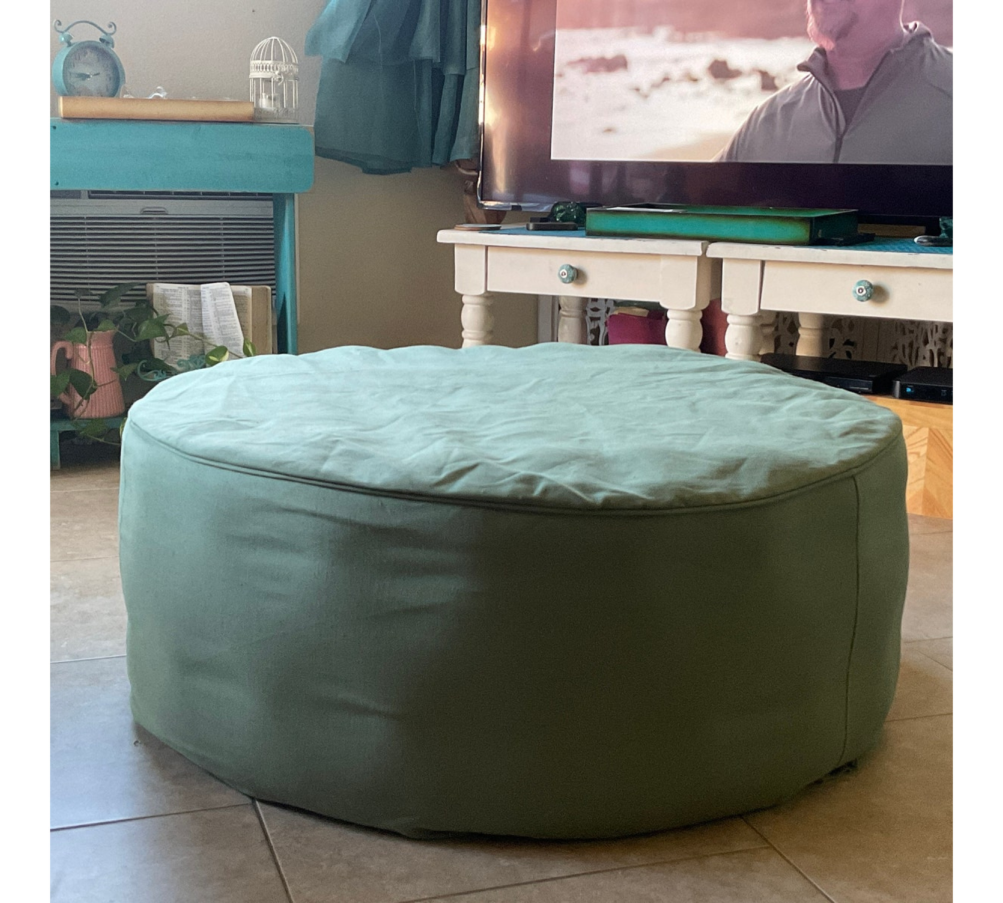 Round Ottoman Cover in Heavyweight Linen with Piping
