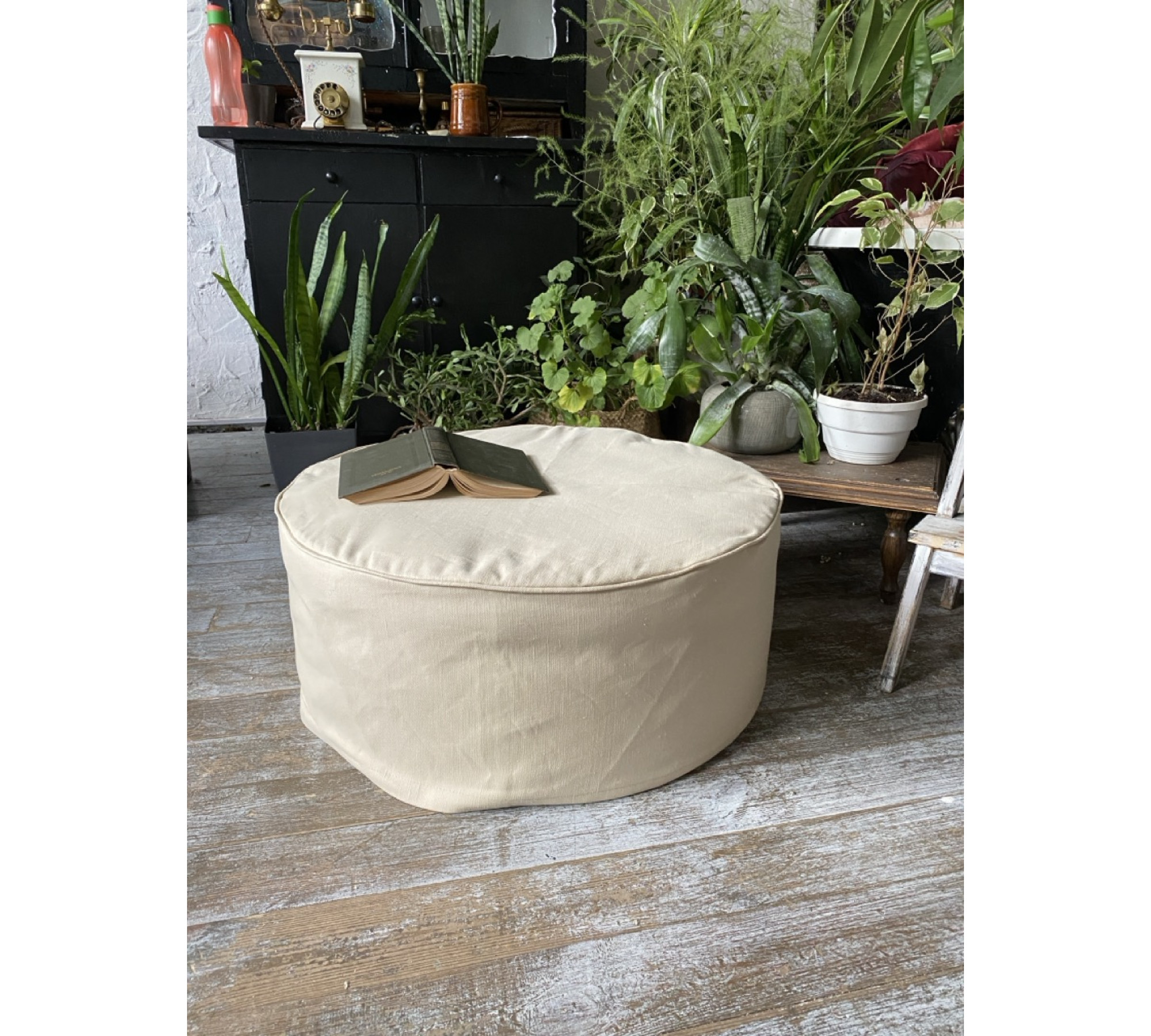Round Ottoman Cover in Heavyweight Linen with Piping