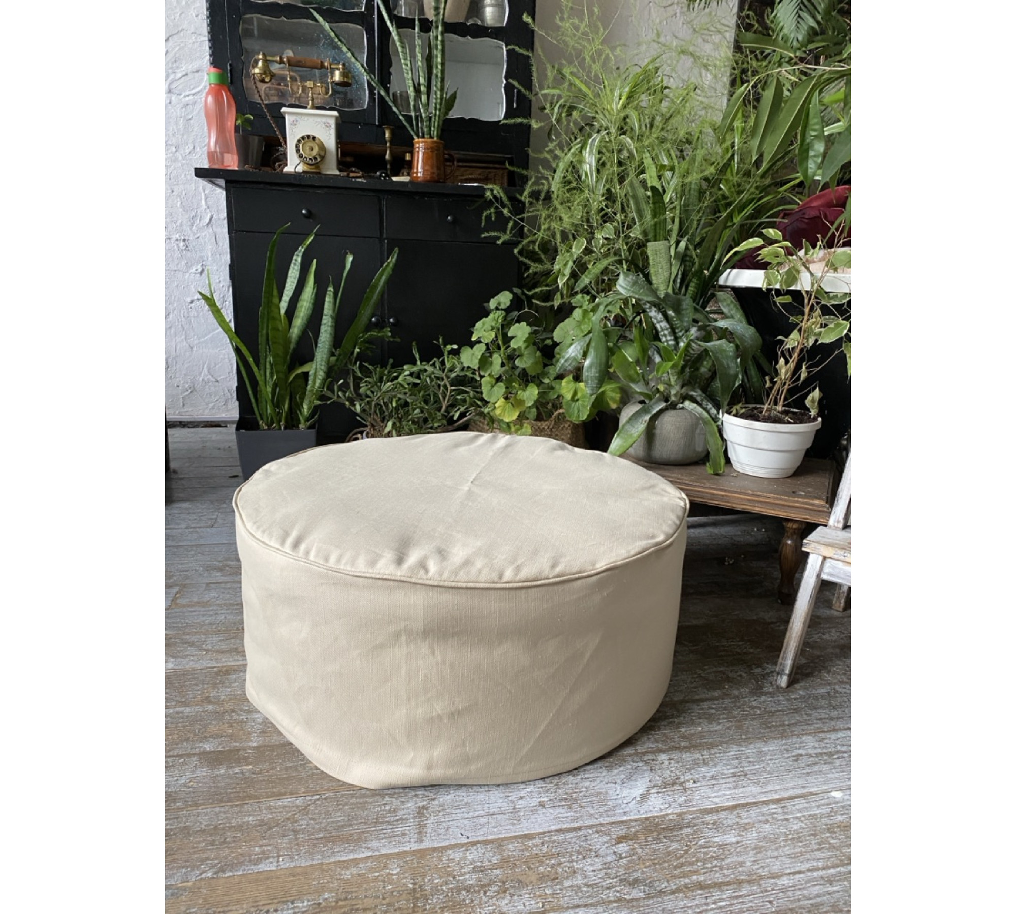 Round Ottoman Cover in Heavyweight Linen with Piping