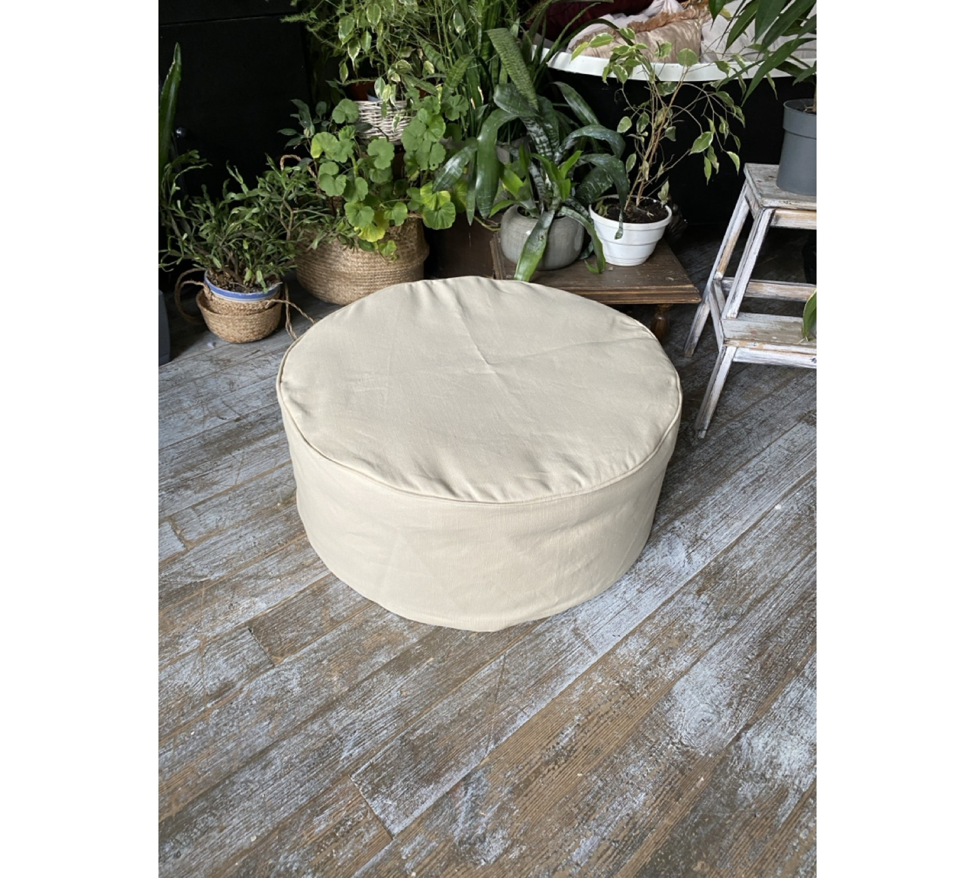 Round Ottoman Cover in Heavyweight Linen with Piping