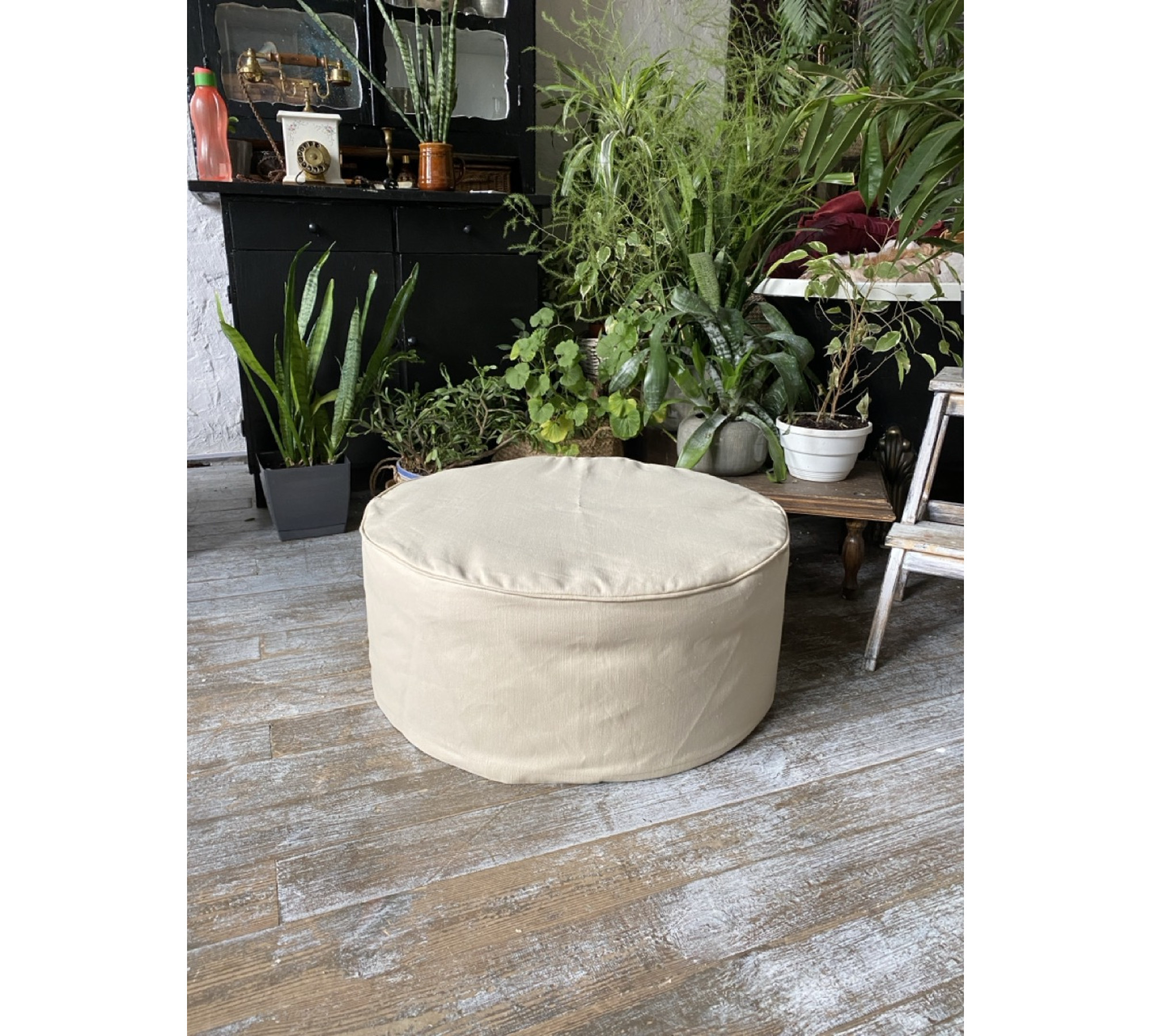 Round Ottoman Cover in Heavyweight Linen with Piping
