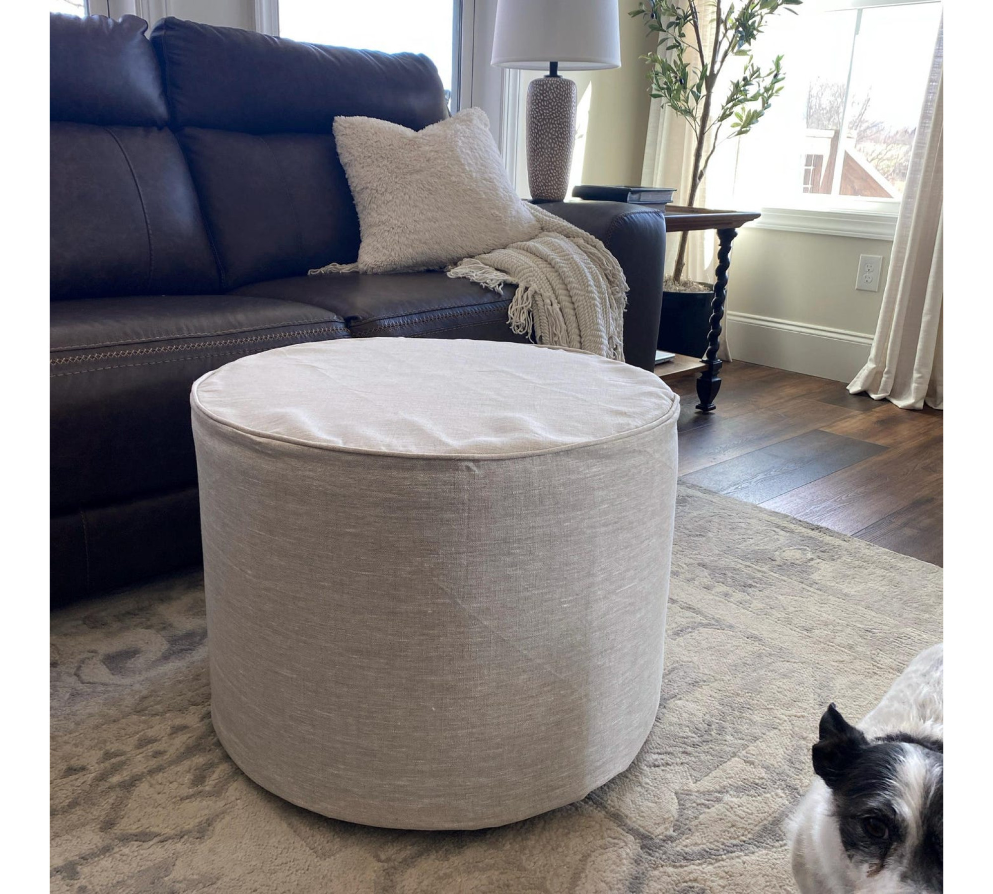Round Ottoman Cover with Piping – 100% Flax Linen Slipcover