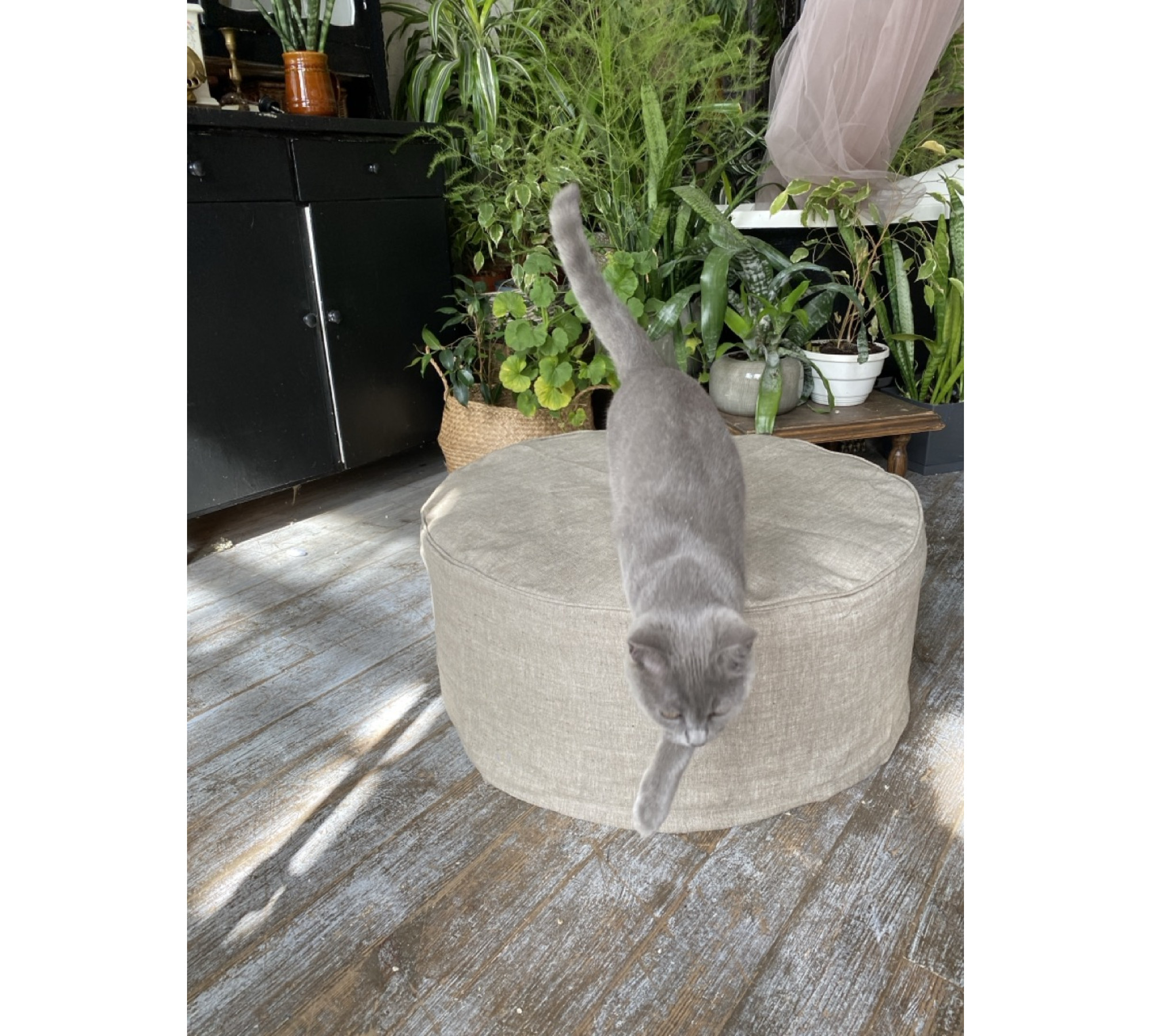 Round Ottoman Cover with Piping – 100% Flax Linen Slipcover