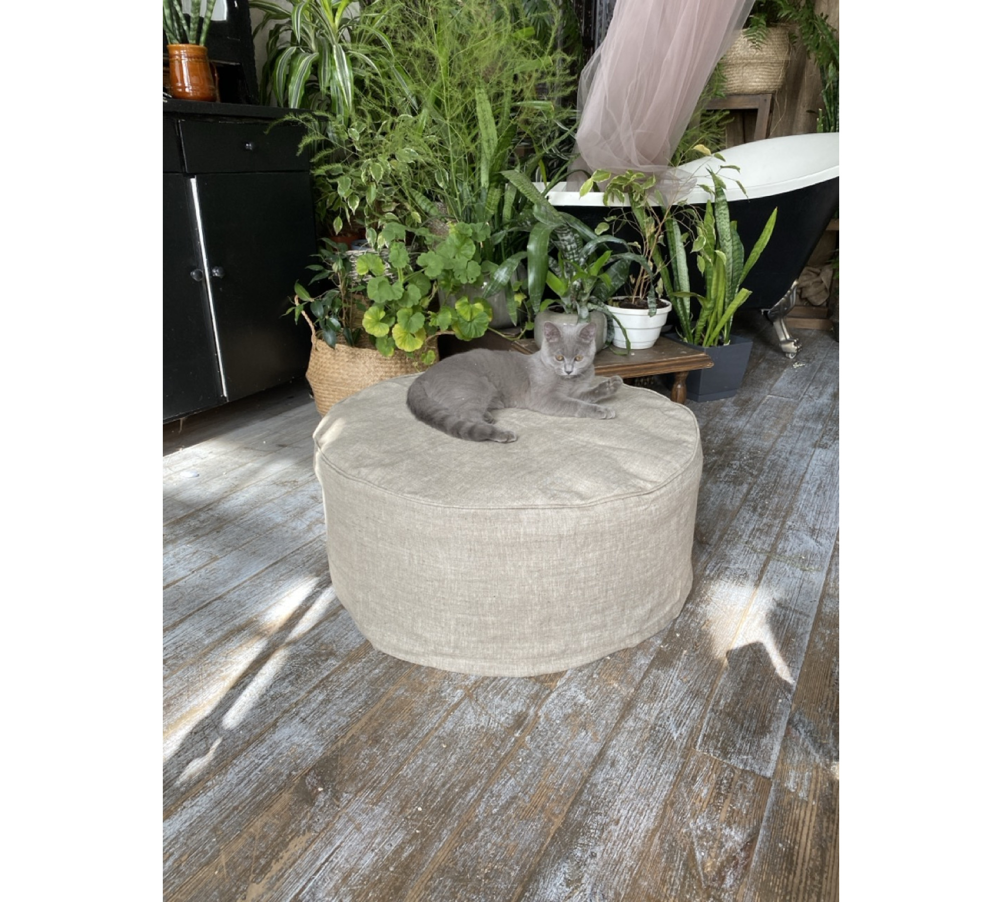 Round Ottoman Cover with Piping – 100% Flax Linen Slipcover