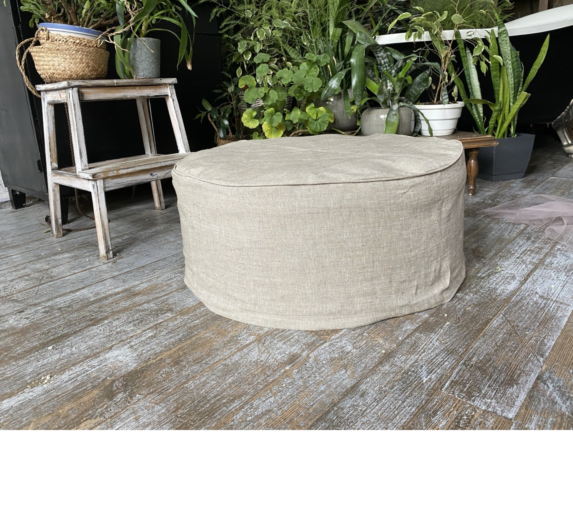 Round Ottoman Cover with Piping – 100% Flax Linen Slipcover