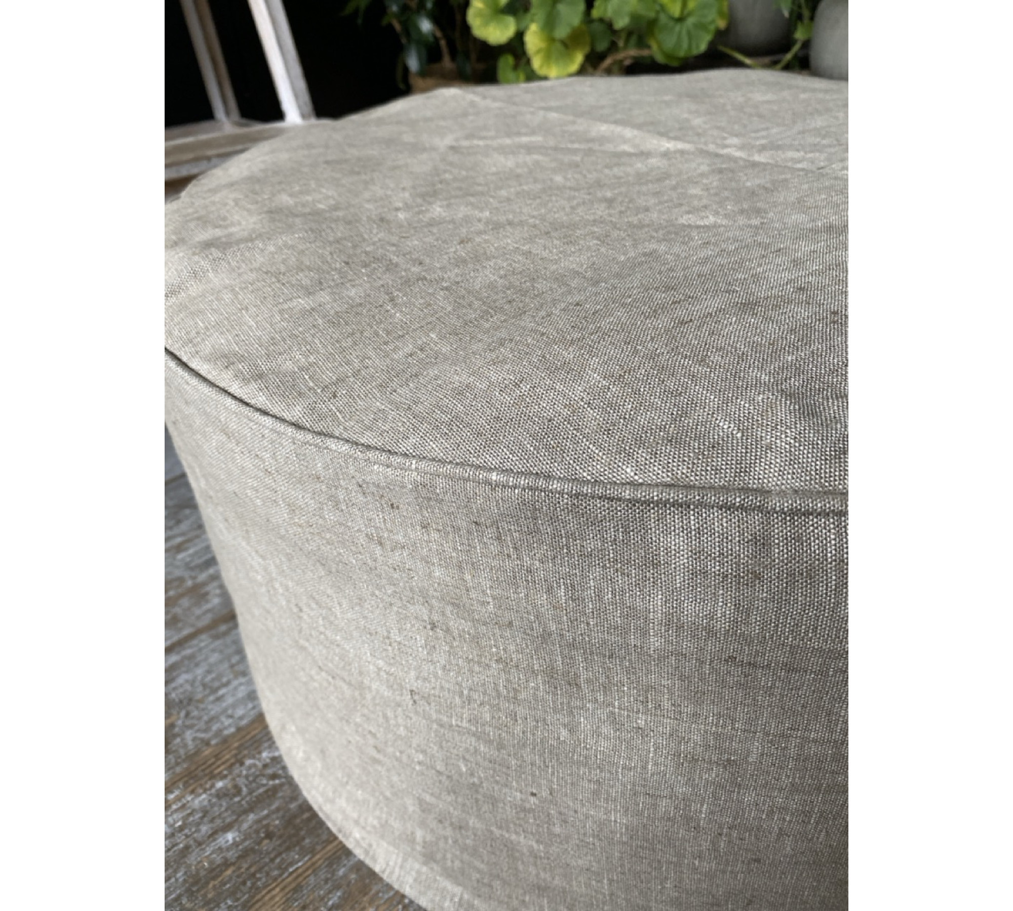 Round Ottoman Cover with Piping – 100% Flax Linen Slipcover