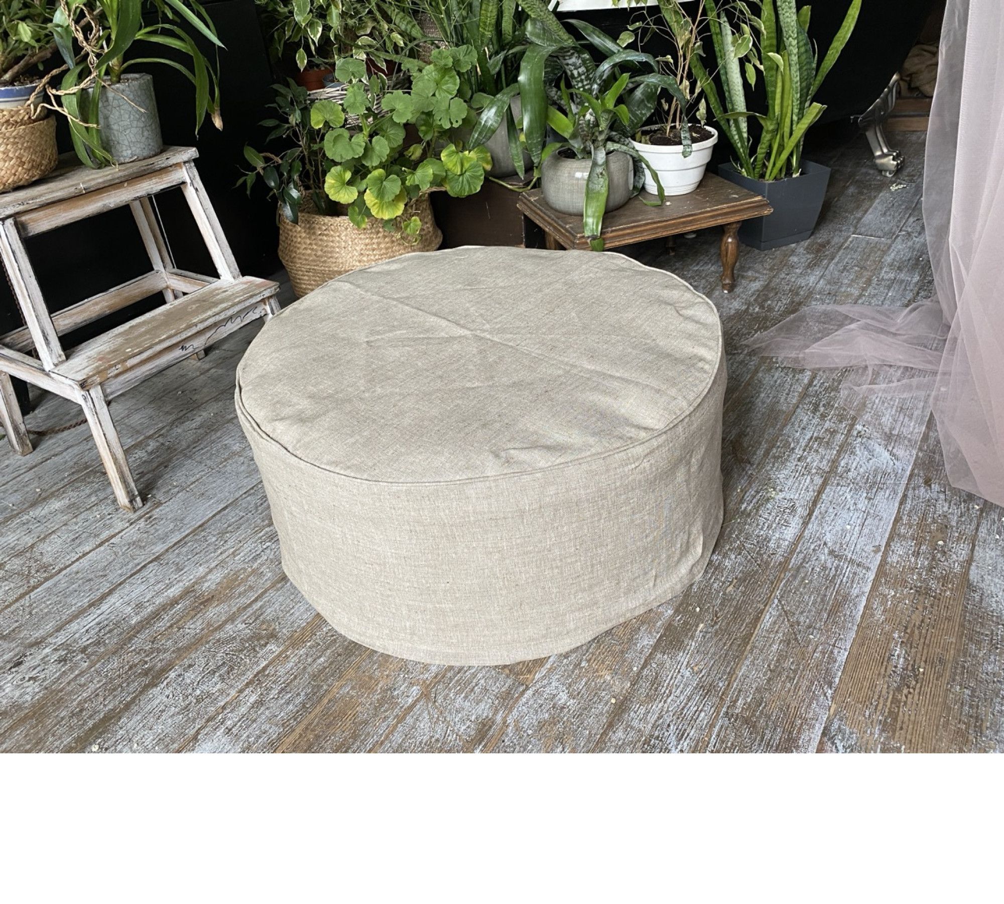 Round Ottoman Cover with Piping – 100% Flax Linen Slipcover