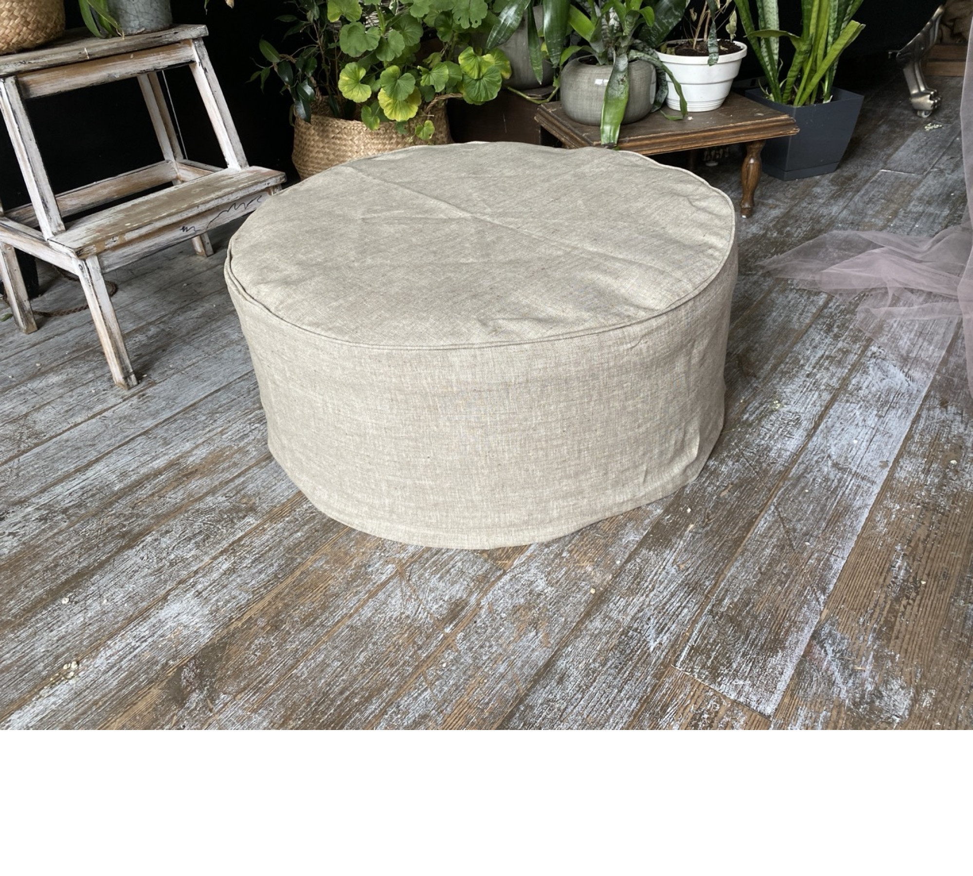 Round Ottoman Cover with Piping – 100% Flax Linen Slipcover