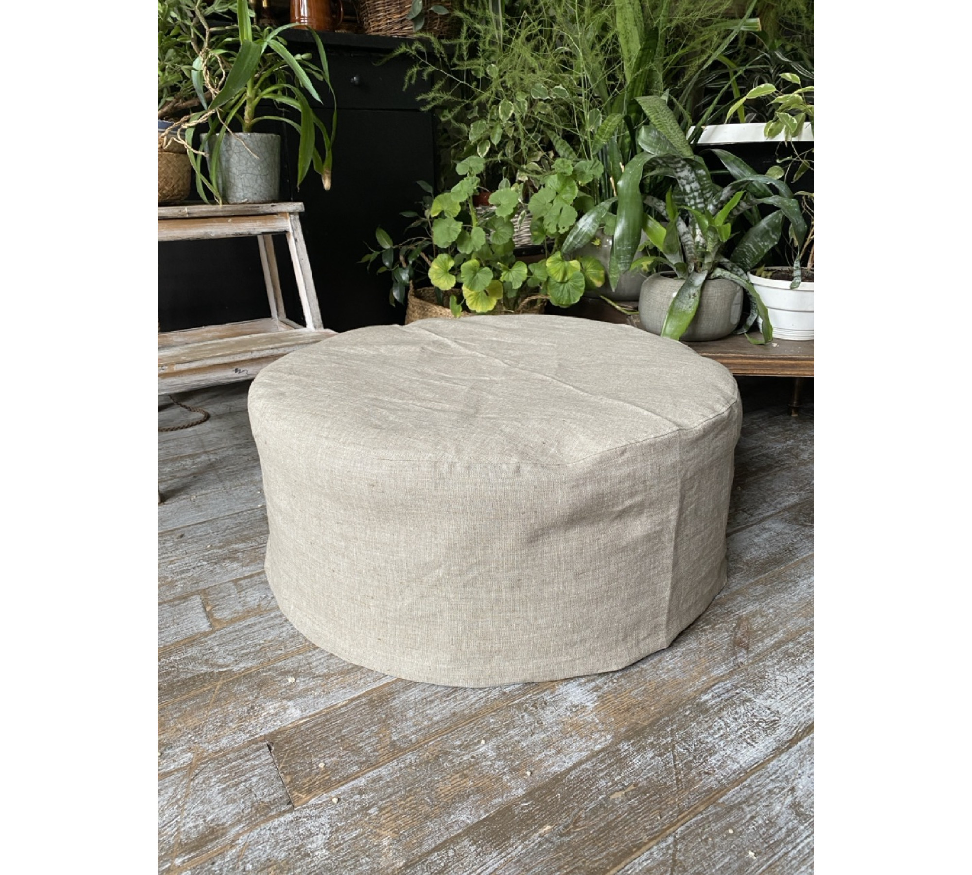 Round Ottoman Cover – Washable 100% Flax Linen