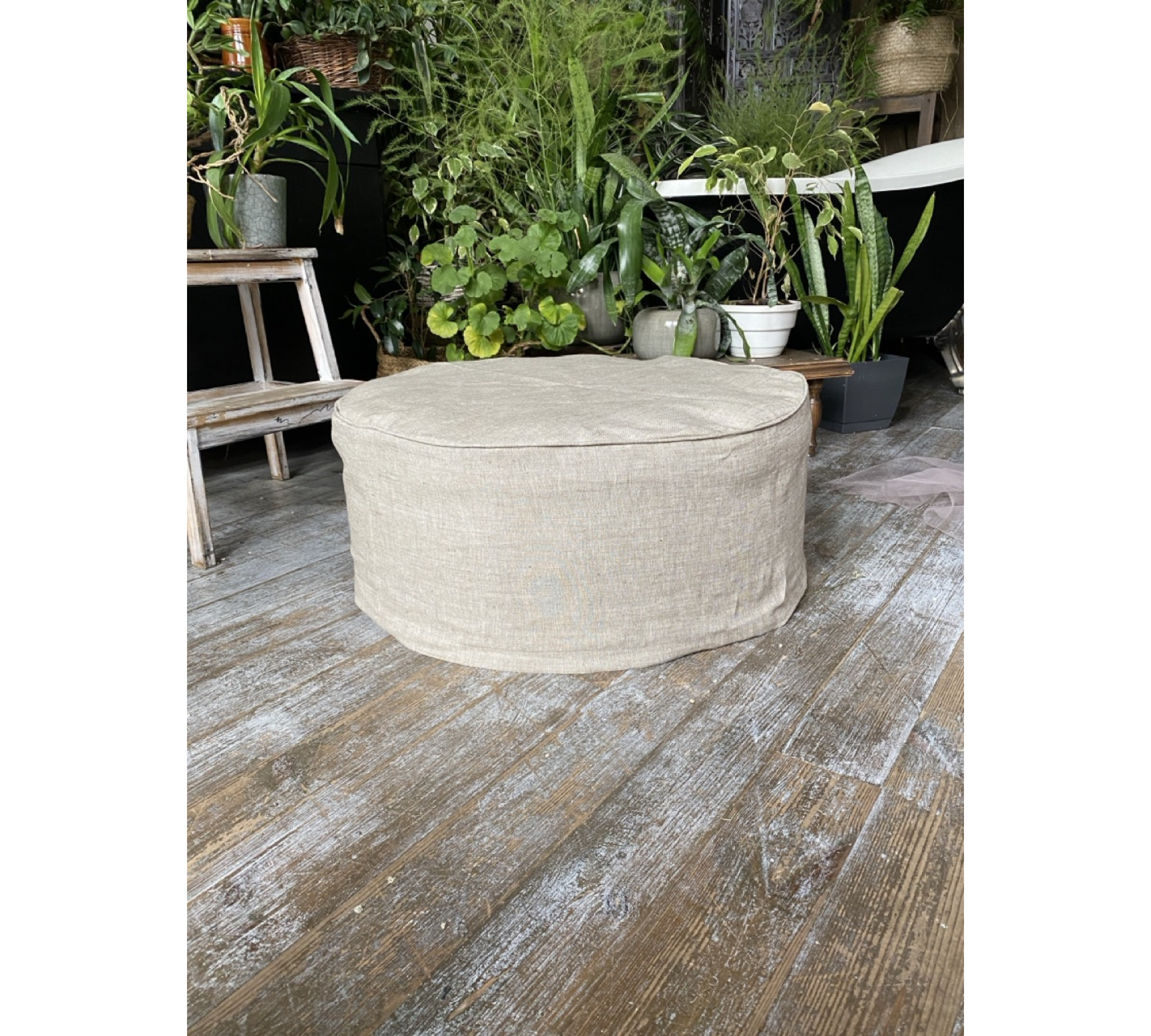 Round Ottoman Cover with Piping – 100% Flax Linen Slipcover