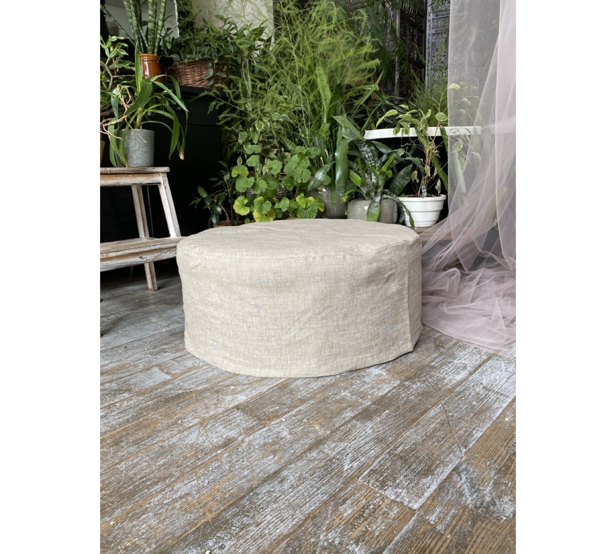 Round Ottoman Cover – Washable 100% Flax Linen