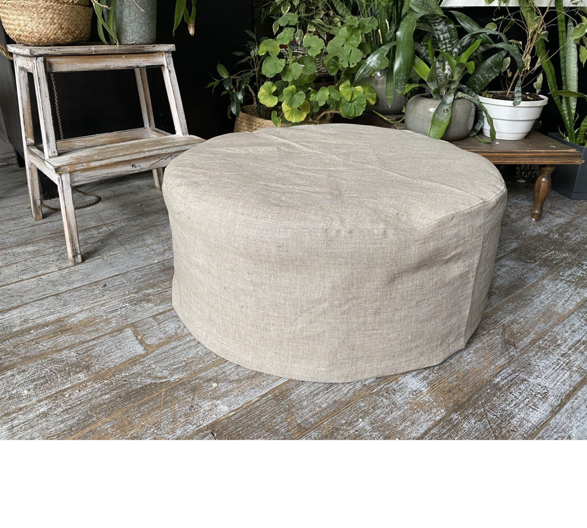 Round Ottoman Cover – Washable 100% Flax Linen