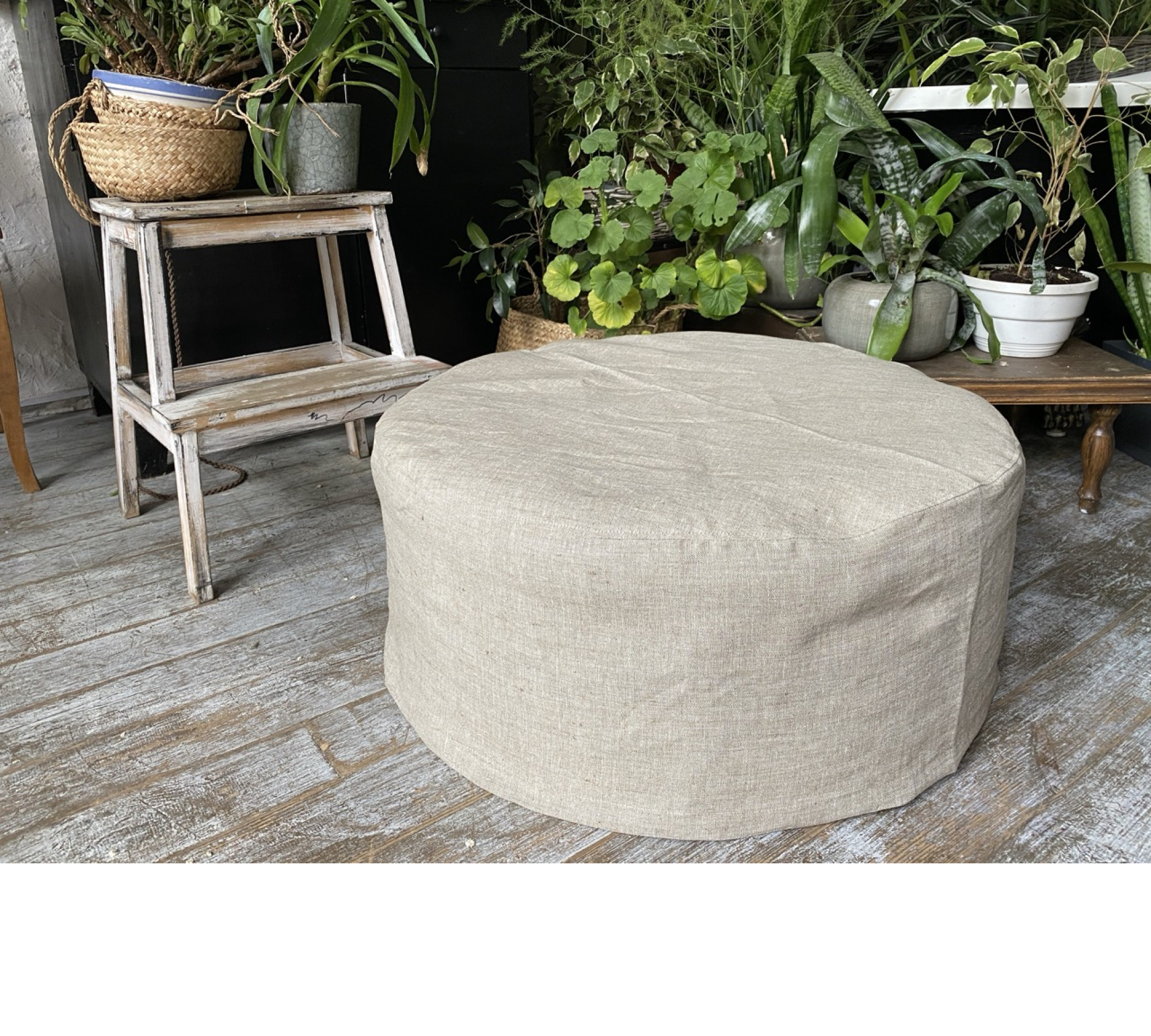 Round Ottoman Cover – Washable 100% Flax Linen