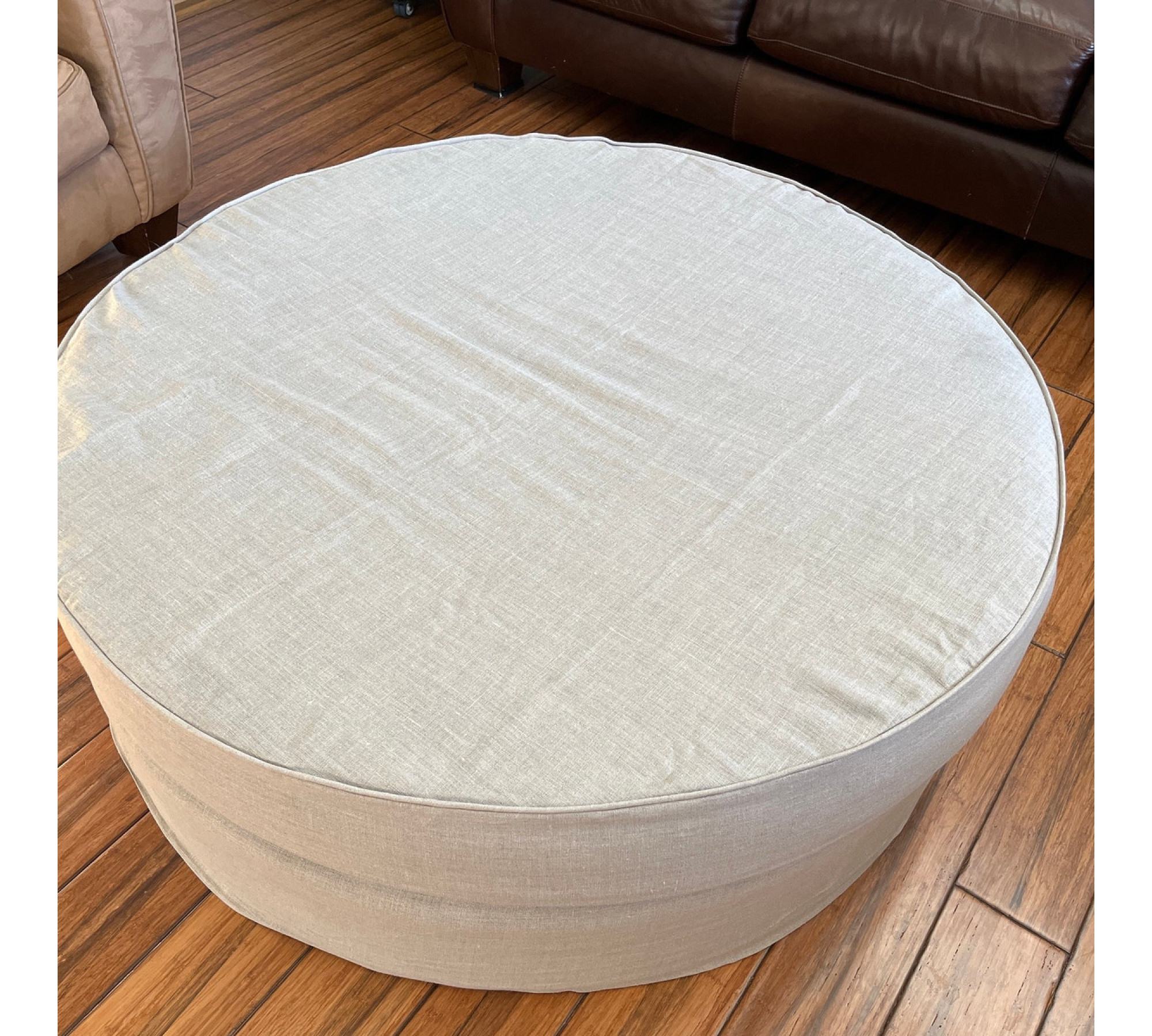 Round Ottoman Cover with Piping – 100% Flax Linen Slipcover